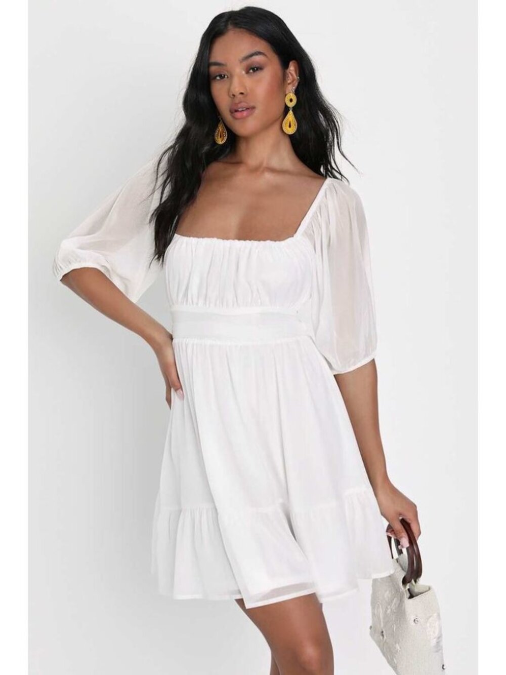 Lulus Ethereal Arrival White Puff Sleeve Tie-Back Chiffon Dress size XL NWT